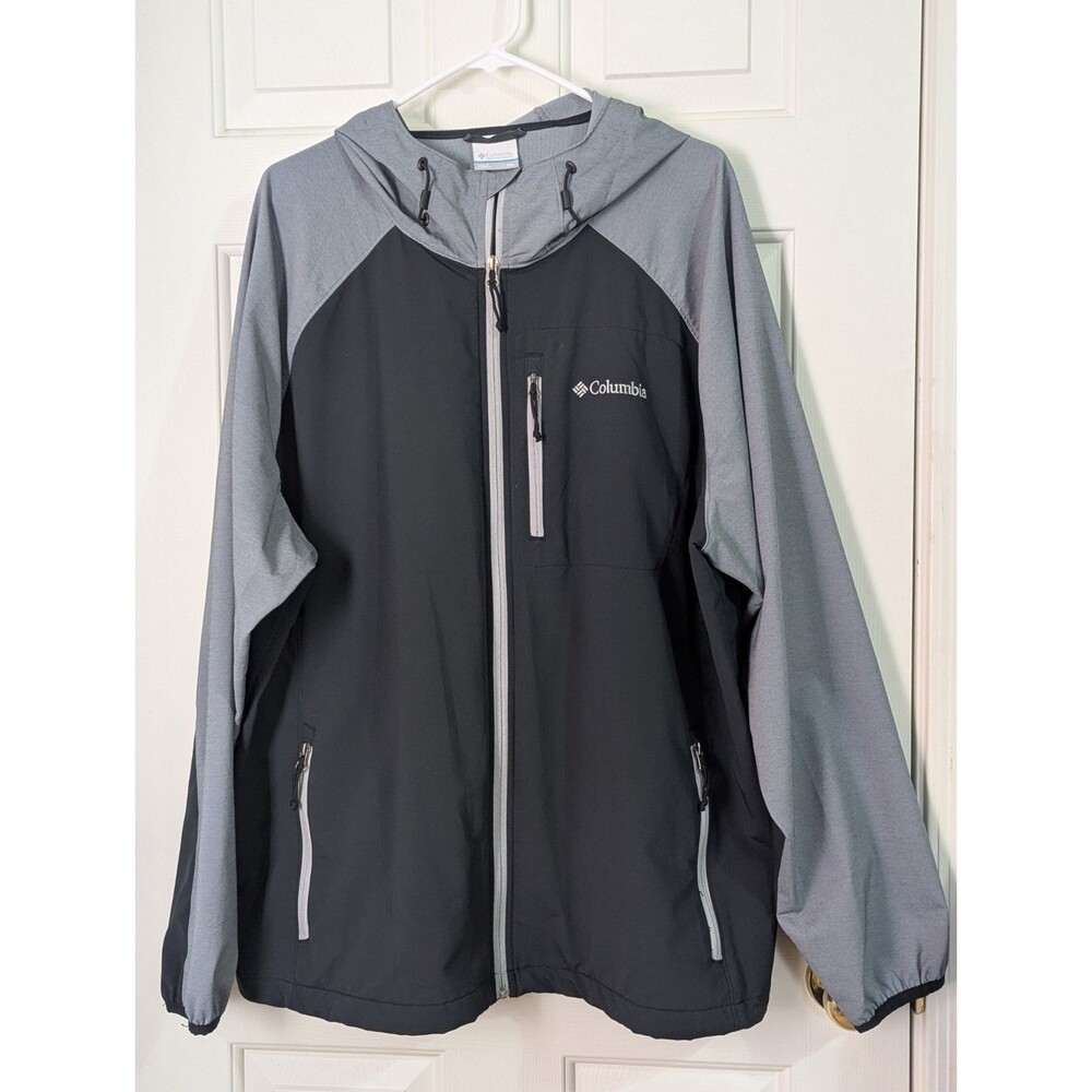 COLUMBIA Hooded Windbreaker Jacket Mens XXL Large Black Gray Pockets Lightweight